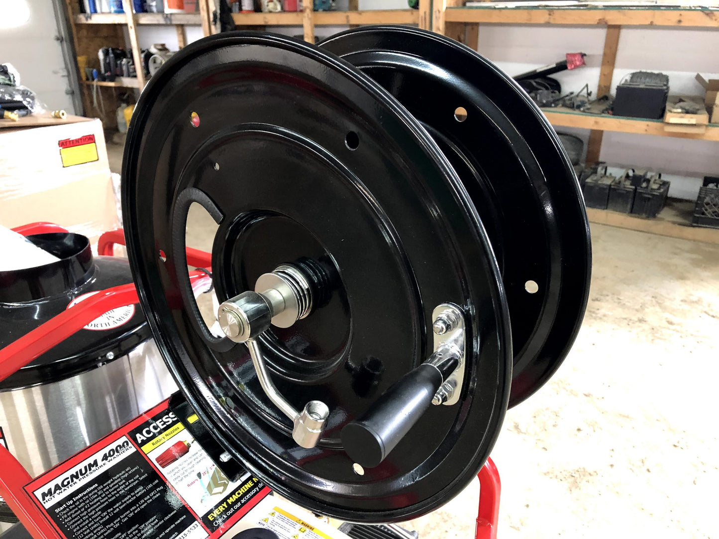 Hose Reel, Large Platform, Industrial, Black, Holds 150' of 3/8" Hose