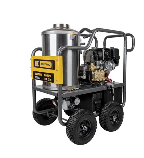 BE Pressure hot water pressure washer with Honda GX390 engine and General Triplex pump on wheeled steel frame