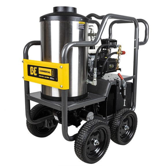 BE Pressure hot water power washer with Honda GX200 engine and General triplex pump on a portable steel cart