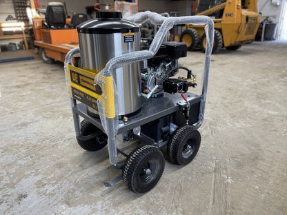 BE commercial hot water pressure washer with Power Ease engine, side angle view in workshop