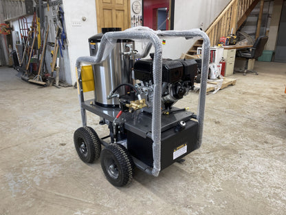 BE commercial hot water pressure washer with Power Ease engine, rear angle view showing fuel tank