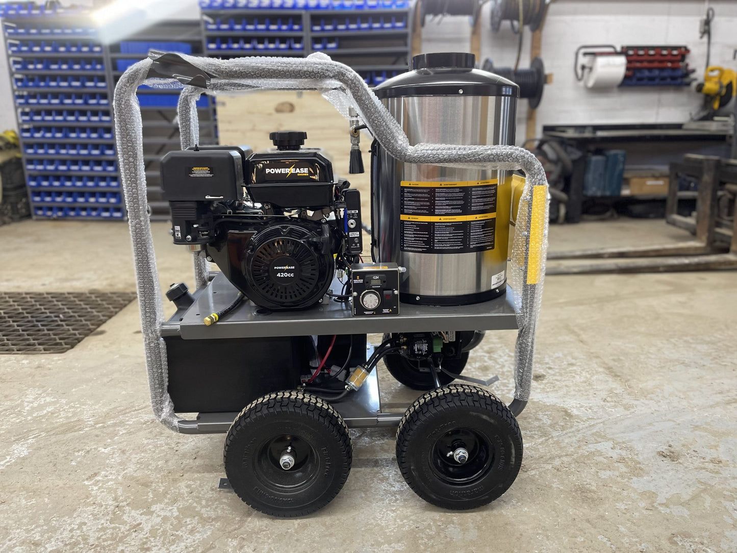 BE commercial hot water pressure washer showing engine, control panel and coil housing