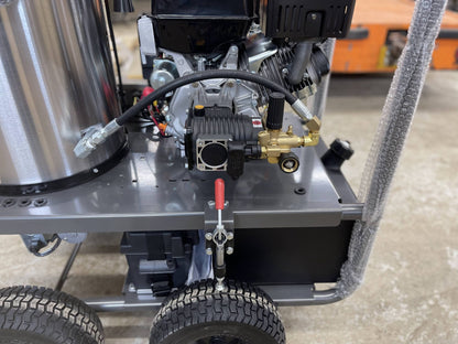 Close-up of AR triplex pump and engine mounting on BE commercial pressure washer
