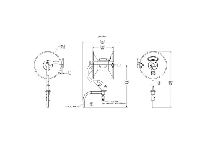 Technical dimension drawing of the General Pump DHRTM50200 200 foot swivel hose reel