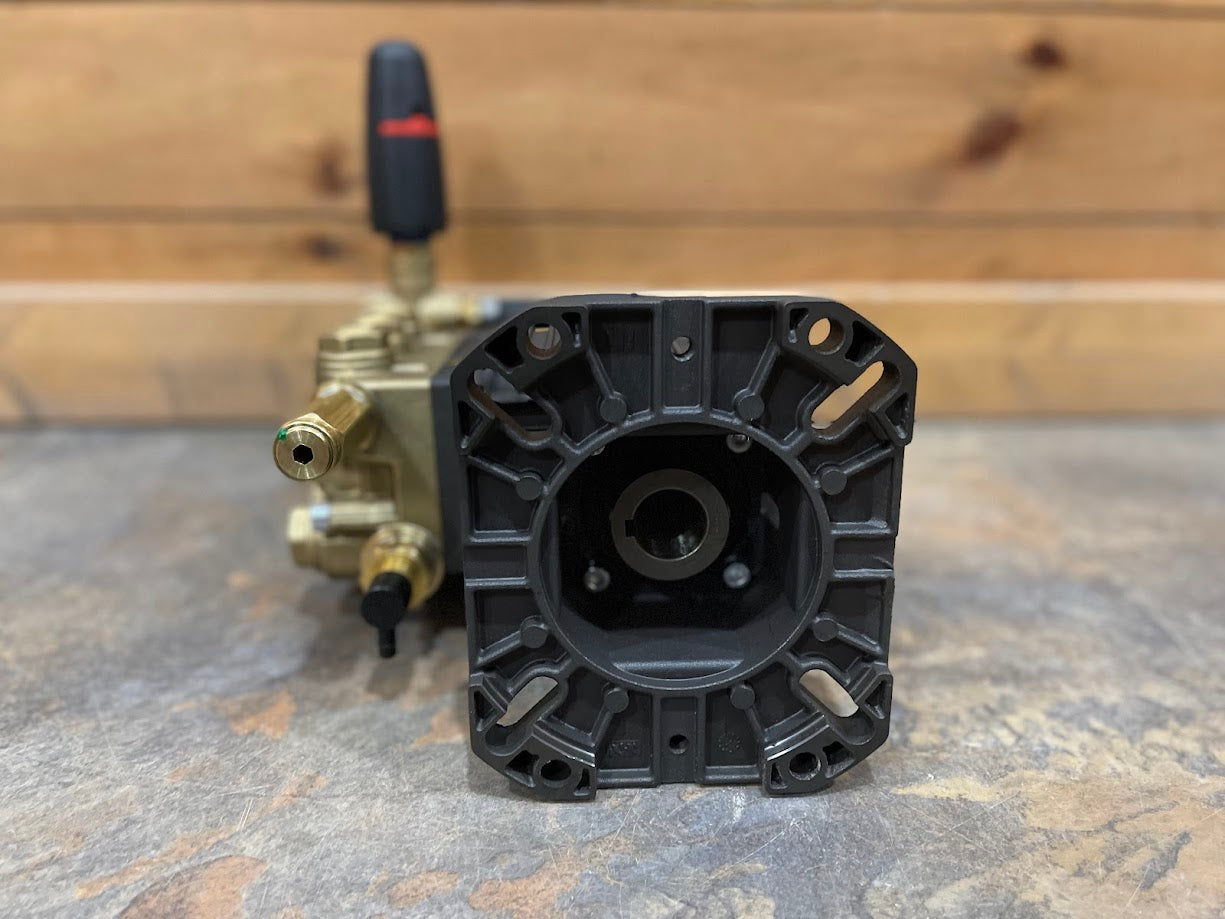Close-up of the EZ4040G pump gas engine mounting flange with 1-inch hollow shaft opening