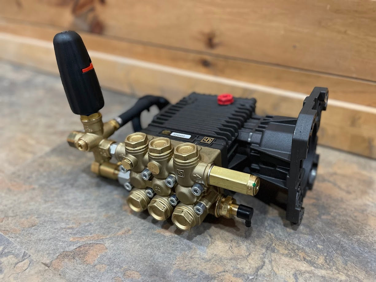 Angle view of the EZ4040G gas pressure washer pump showing the unloader control valve
