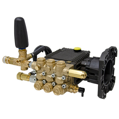 EZ4040G direct drive gas pressure washer pump with brass fittings and black control handle on a white background