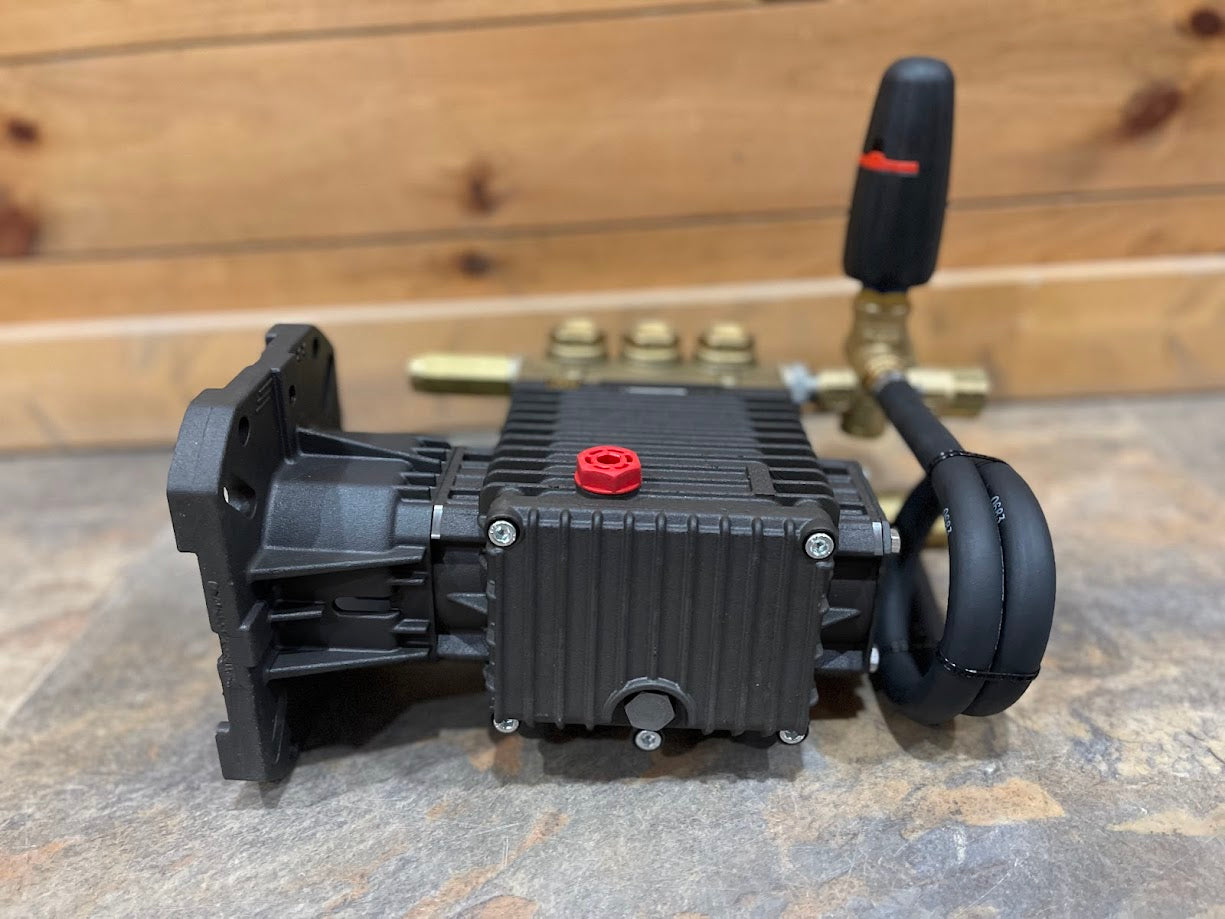 Rear view of the EZ4040G gas pressure washer pump showing hose connections and red pressure regulator knob