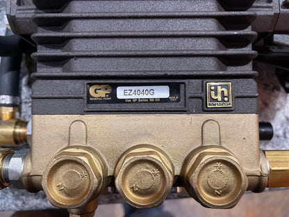 Close-up of the General Pump EZ4040G model nameplate on the pump head