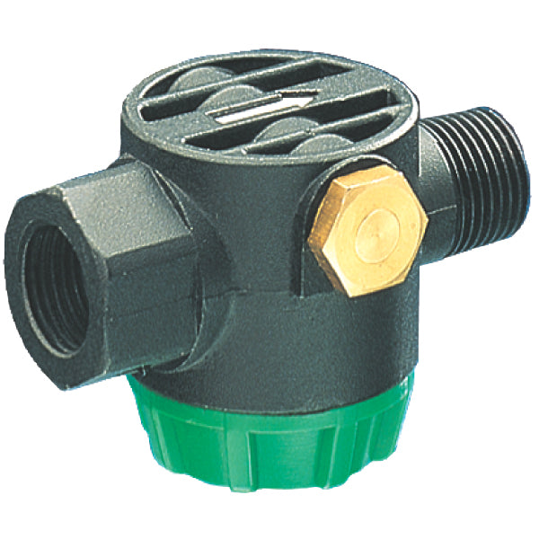 Close-up of the General Pump inline inlet filter body showing mesh vent, brass bypass port, and green cap