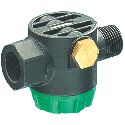 Close-up of the General Pump inline inlet filter body showing mesh vent, brass bypass port, and green cap