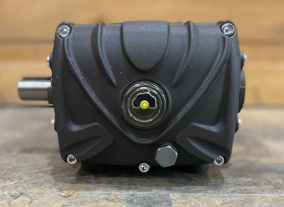 Close-up rear view of General Pump TS2021 crankcase with oil sight glass