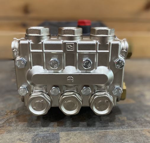 Front view of nickel plated brass manifold on General Pump TS2021 direct drive pump