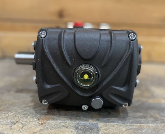 Rear view of General Pump TS2021 showing oil sight glass