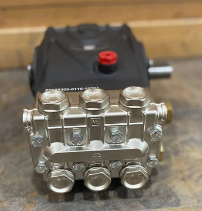 Bottom angle view of General Pump TS2021 showing serial number label and brass manifold