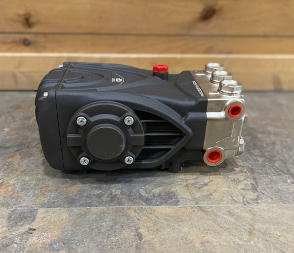 Side view of General Pump TS2021 showing crankcase, cooling fins, and manifold ports