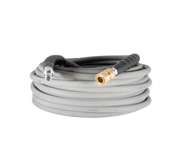 Coiled gray non-marking pressure washer hose, 3/8-inch by 100 feet, with BE Pressure quick connect fittings