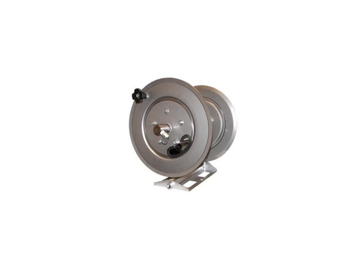 Hydro Tek large base commercial hose reel in stainless steel, holds 250 feet of 3/8-inch hose