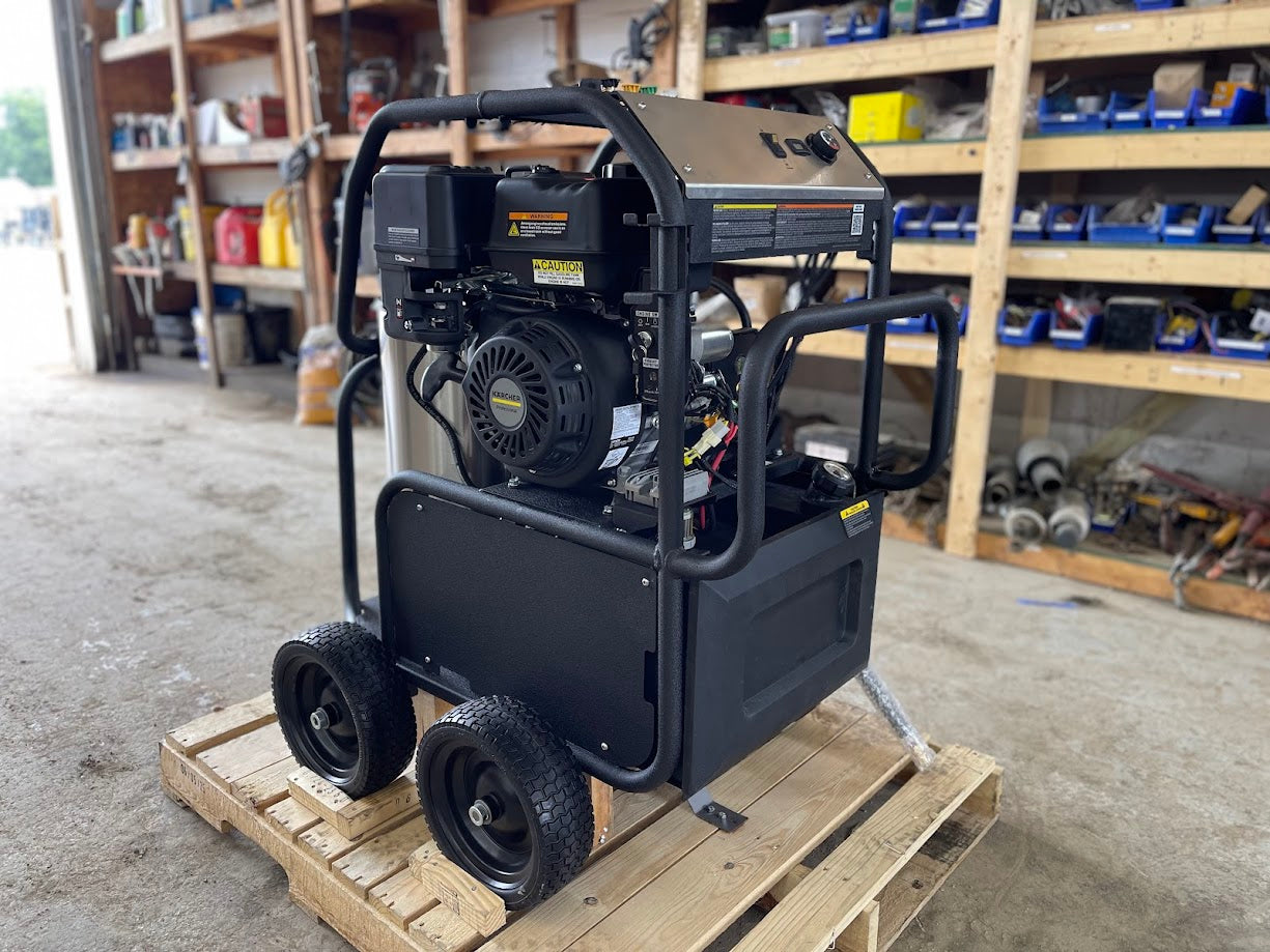 Kärcher LFT Cage hot water pressure washer mounted on a wheeled cart in a workshop
