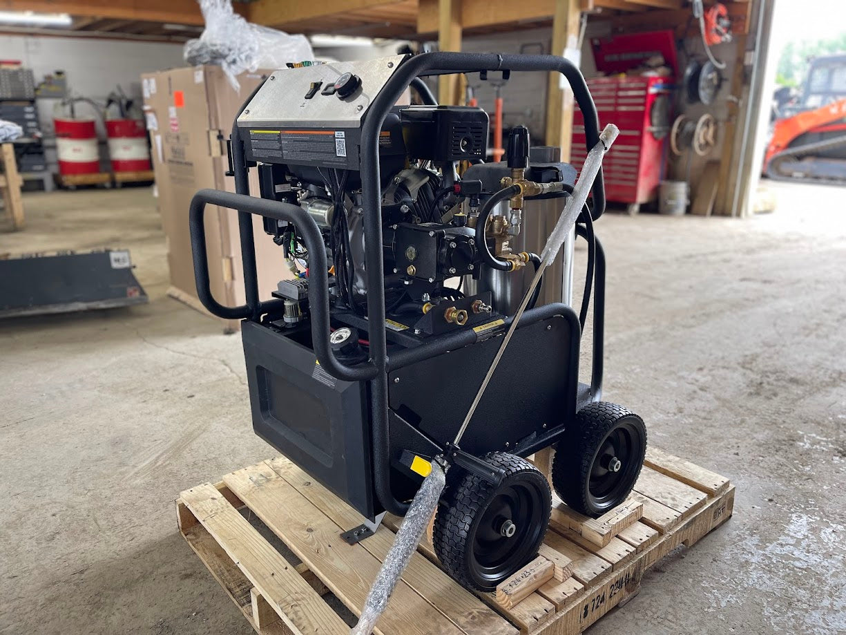 Side view of Kärcher LFT Cage pressure washer engine, pump, and roll cage frame on a pallet
