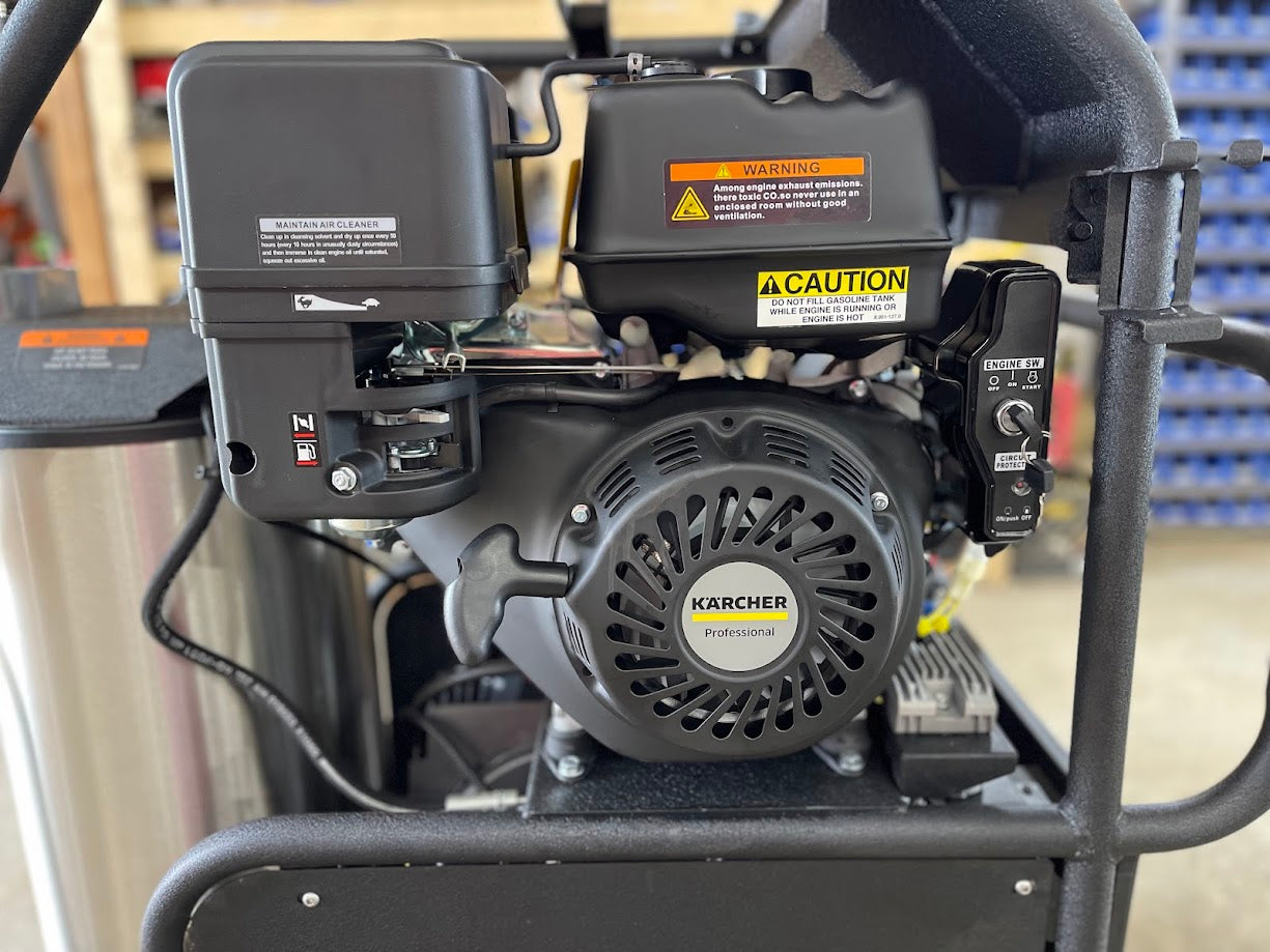Close-up of Kärcher Professional 420cc engine with recoil starter on the LFT Cage pressure washer