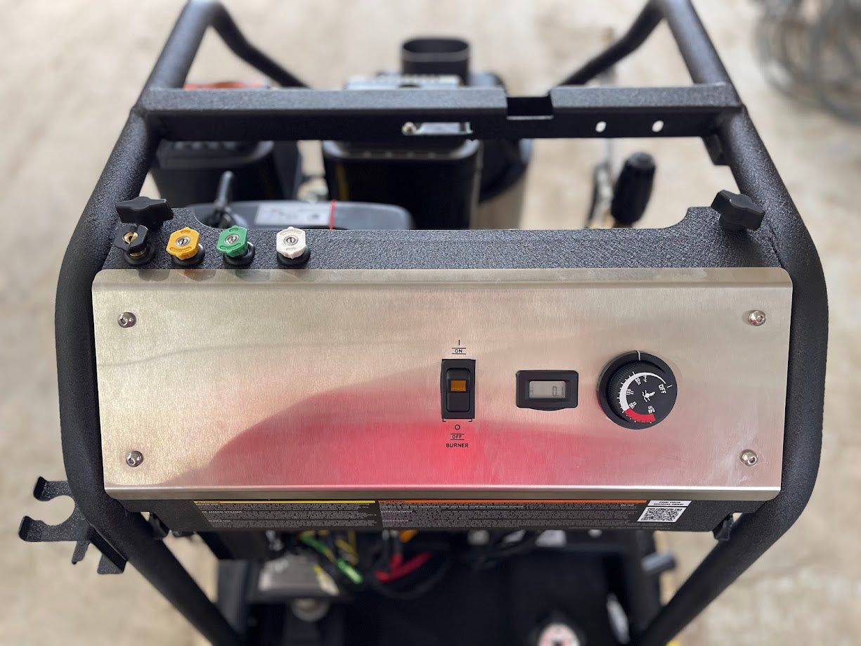 Top view of the Kärcher LFT Cage control panel with power switch, temperature gauge, and hose quick connects