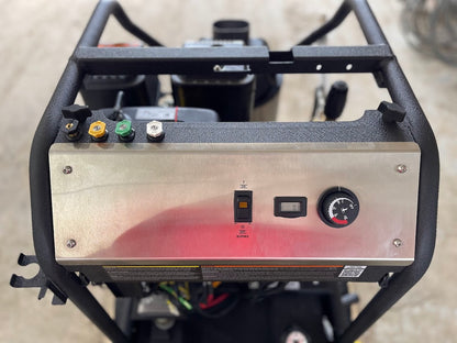 Top view of the Kärcher LFT Cage control panel with power switch, temperature gauge, and hose quick connects