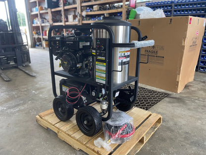Vanguard engine side view of the Karcher pressure hot power washer on a shipping pallet
