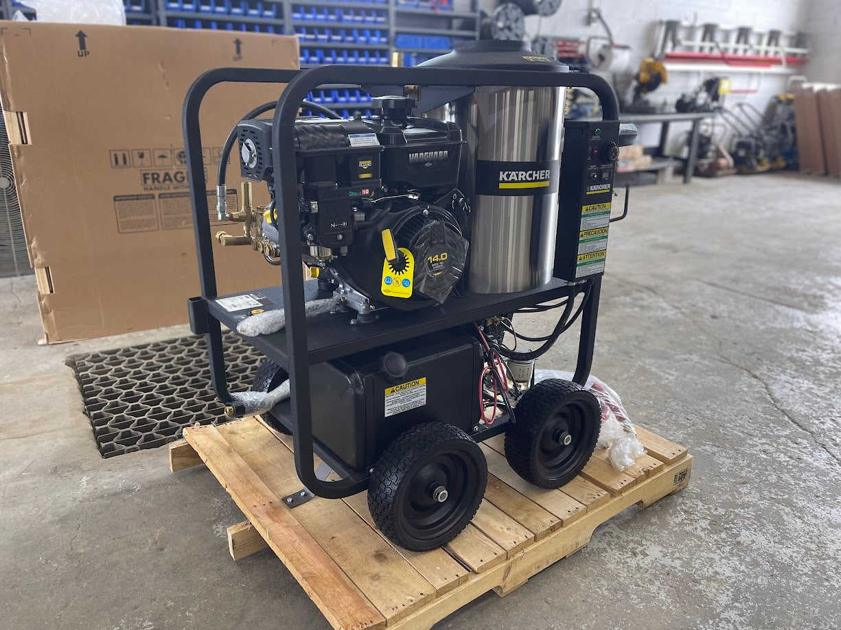 Front angle view of the Karcher pressure hot power washer with Vanguard engine and burner tank