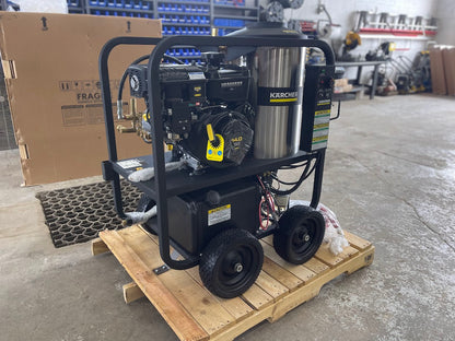 Front angle view of the Karcher pressure hot power washer with Vanguard engine and burner tank