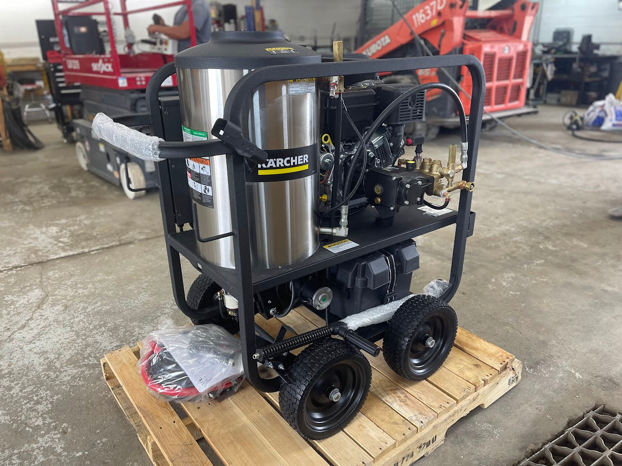 Karcher pressure hot power washer with Vanguard engine mounted on a wheeled cart