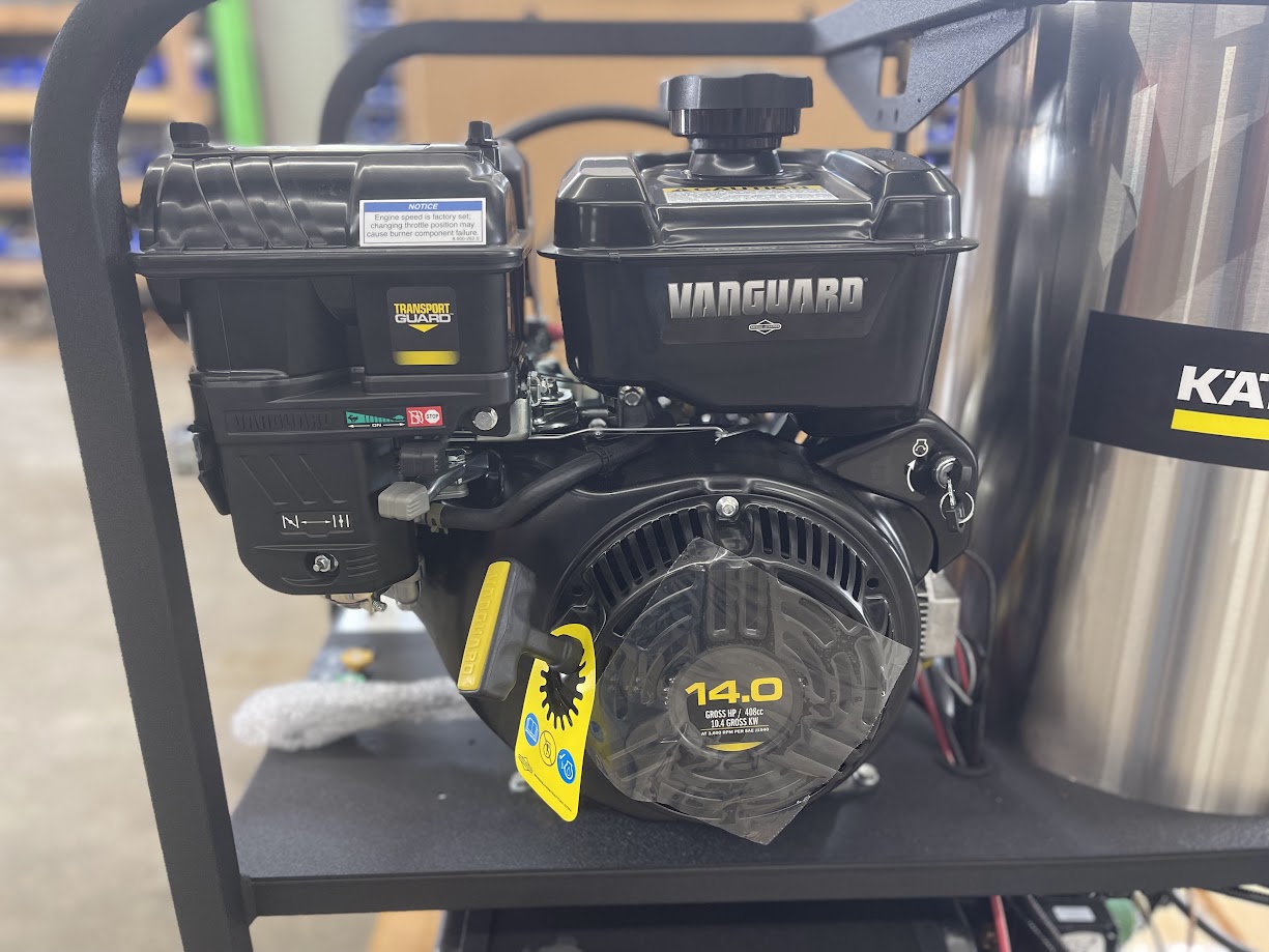 Close-up of the Vanguard 14 HP engine with recoil starter on the Karcher pressure hot power washer