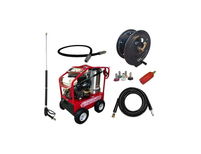 Magnum 4000 Deluxe power washer package with hose reel, lance, nozzles, and accessories