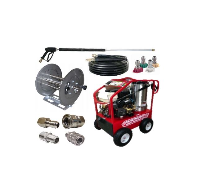 Magnum 4000 Stainless Steel package with hose reel, gun, hose, and quick connect fittings