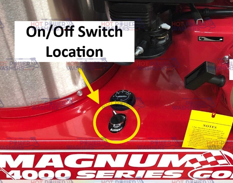 Diagram showing on/off switch location on a Magnum 4000 Series pressure washer