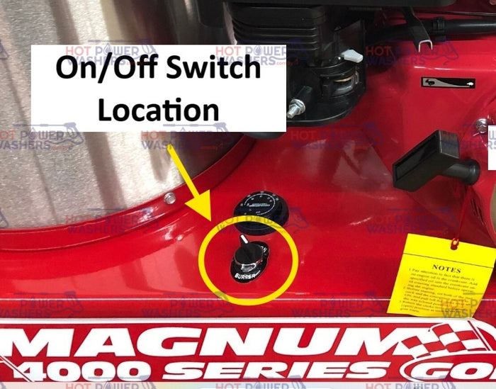 Diagram showing on/off switch location on a Magnum 4000 Series pressure washer