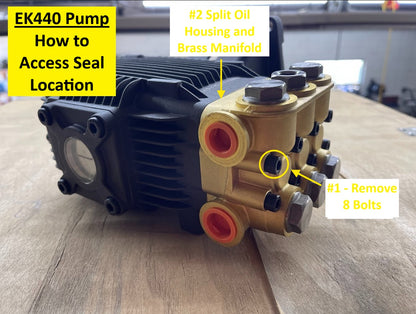 Instructions showing how to access the packing seal location on an EK440 pressure washer pump