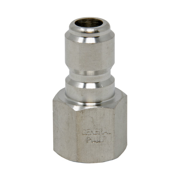 Stainless steel quick connect fitting with 3/8-inch male plug and 3/8-inch female NPT thread